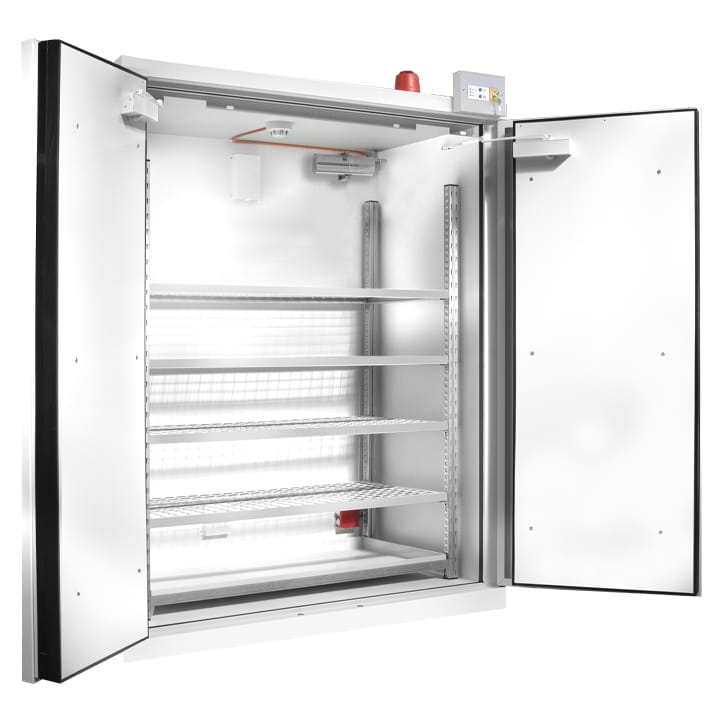 Safety cabinet for storing lithium-ion batteries equiped
