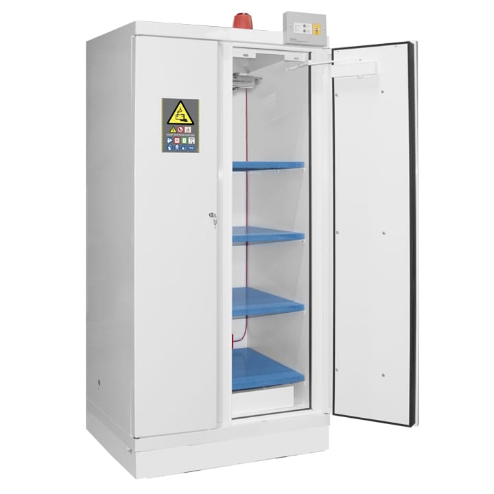 Safety cabinet for storing lithium-ion batteries fitted with