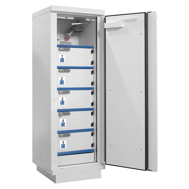 1 door cabinet with compartments for the storage of lithium batteries