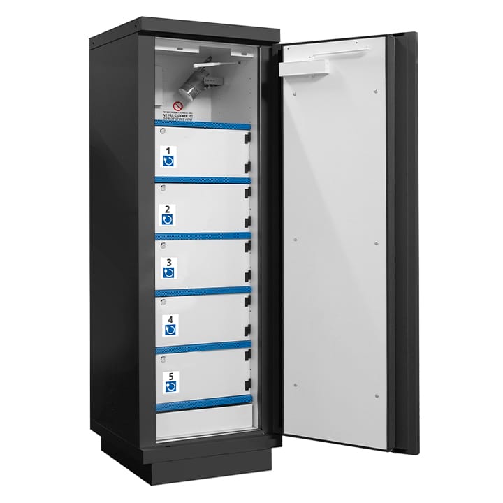 1 door cabinet with compartments for the storage of lithium batteries