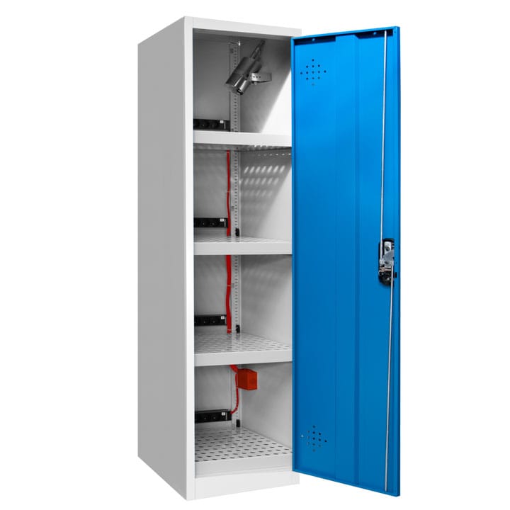 1 door tall cabinet for storing and recharging lithium batteries