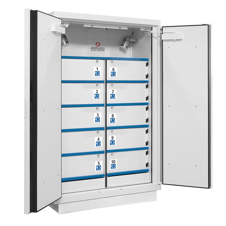 2 doors cabinet with compartments for the storage of lithium batteries