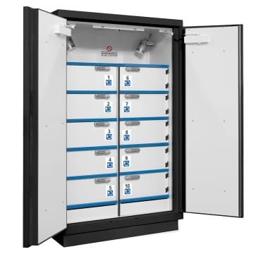 2 doors cabinet with compartments for the storage of lithium batteries