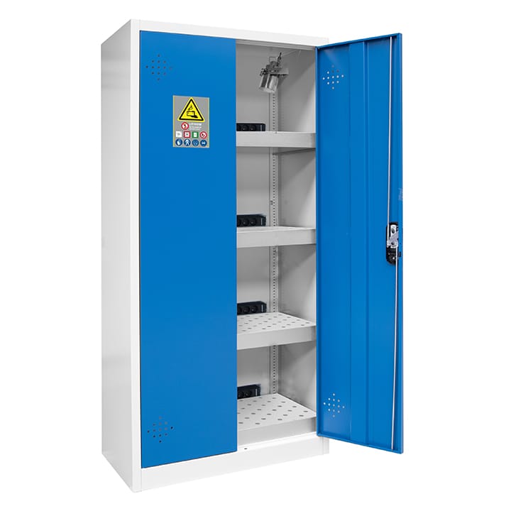 2 doors tall cabinet for storing and recharging lithium batteries