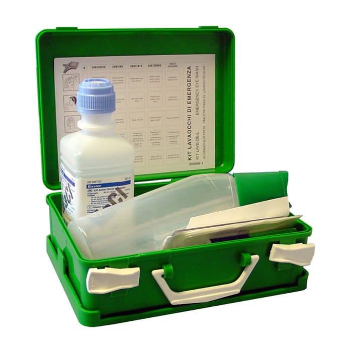 Eye-wash kit delivered with 500 mL bottle with sodium chloride solution - 1 eye-wash bottle - 2 eye-pads - 1 scissors - 1 soft tissues (pack) - 1 adhe