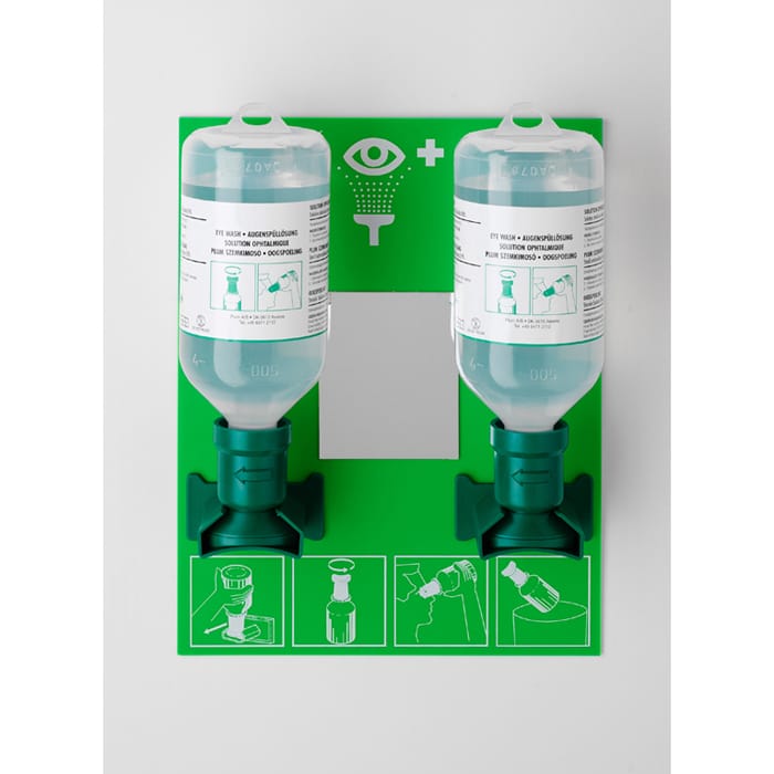 Eye-wash station with 2x 500 mL of sterile sodium chloride solution